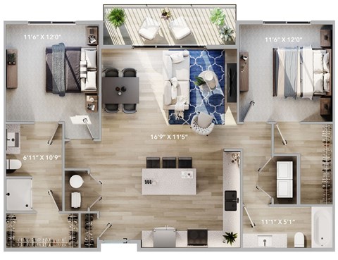 A floor plan of a two-bedroom apartment with a living room, kitchen, and bathroom.